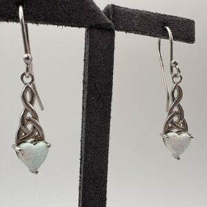 Sterling Silver 925 White Opal Heart Celtic Dangle Drop Earrings Boho Thai